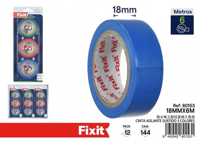 Cinta aislante, 18 mm, 6 m, 3 piezas, colores rojo, azul y verde