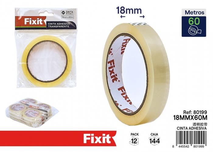Cinta adhesiva de papelería, 18 mm, 60 m, 1 pieza, color transparente