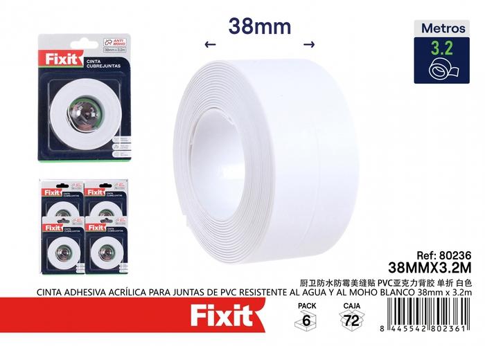 Cinta acrílica, 1,0 mm, 38 mm, 3,2 m, color blanco