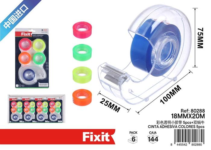 Dispensador de cinta, 18 mm, 20 m, 5 piezas, colores transparente y multicolor