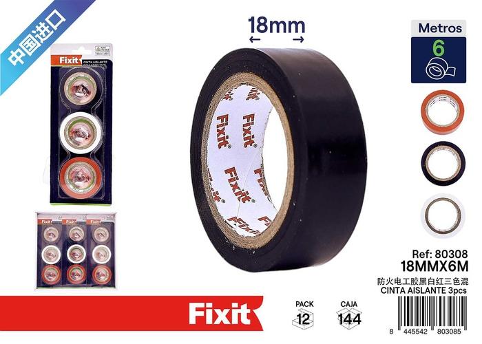 Cinta aislante, 18 mm, 6 m, 3 piezas, colores rojo, negro y blanco