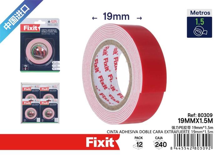 Cinta de doble cara, 1 mm, 19 mm, 1,5 m, colores rojo y blanco