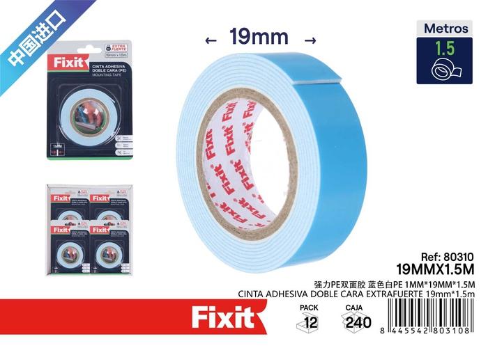 Cinta de doble cara, 1 mm, 19 mm, 1,5 m, color azul