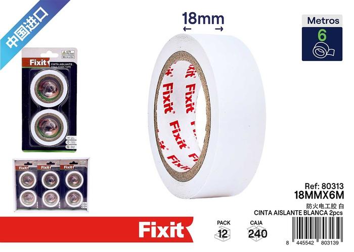 Cinta aislante, 18 mm, 6 m, 2 piezas, color blanco