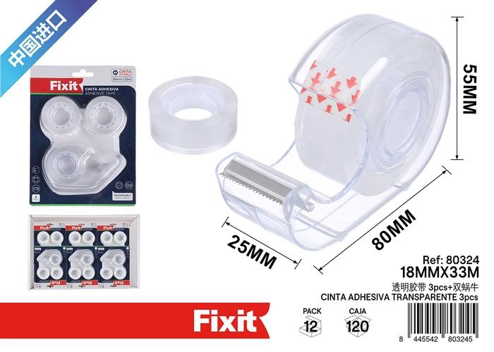 Dispensador de cinta, 18 mm, 33 m, 3 piezas, color transparente