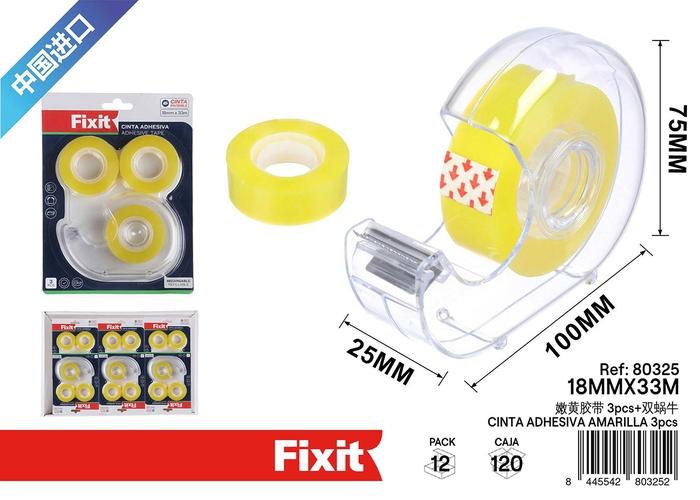 Dispensador de cinta, 18 mm, 33 m, 3 piezas, color amarillo claro